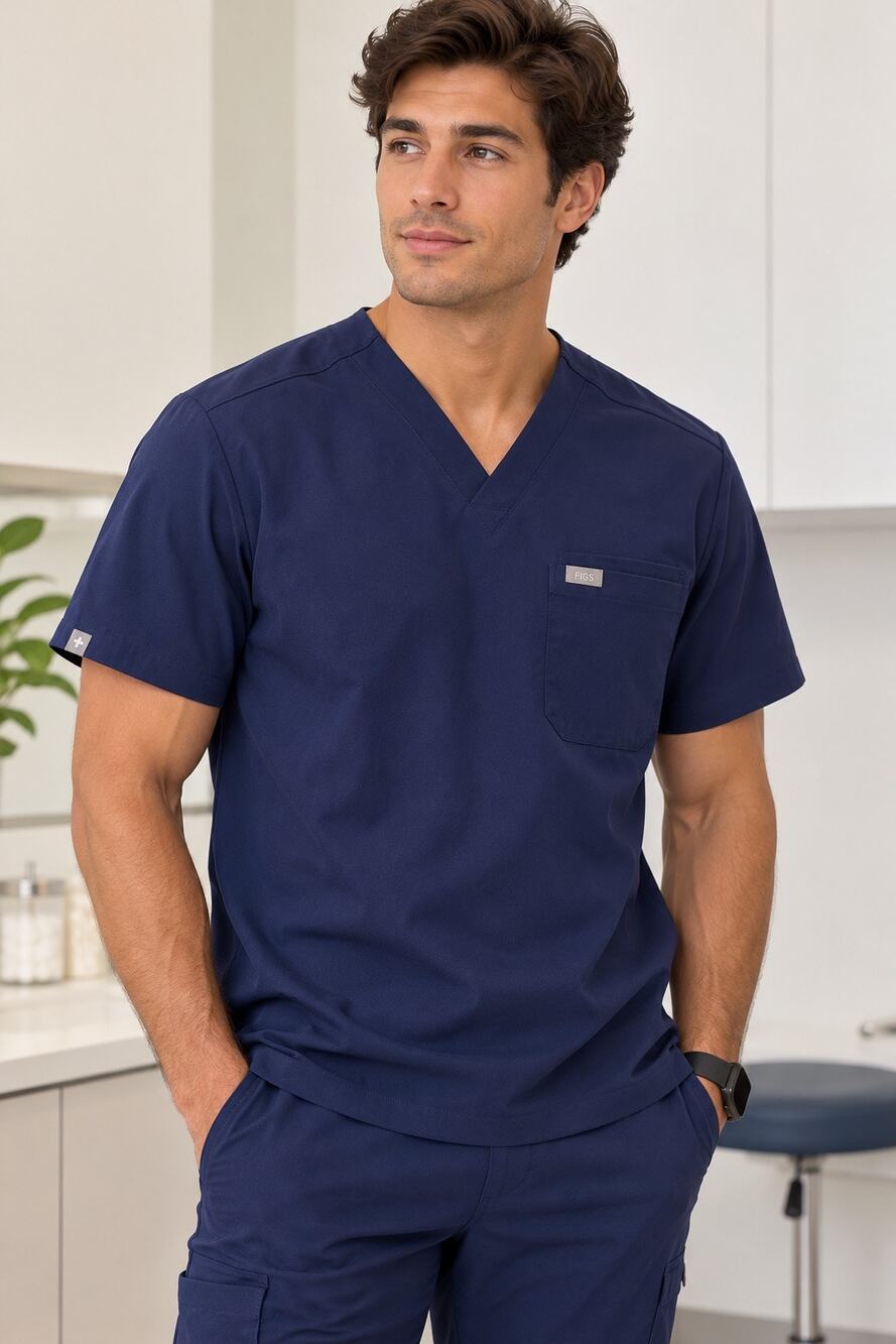 FIGS Leon Two-Pocket Scrub Top Men’s L Navy Blue FIONx Medical Nurse RM1500